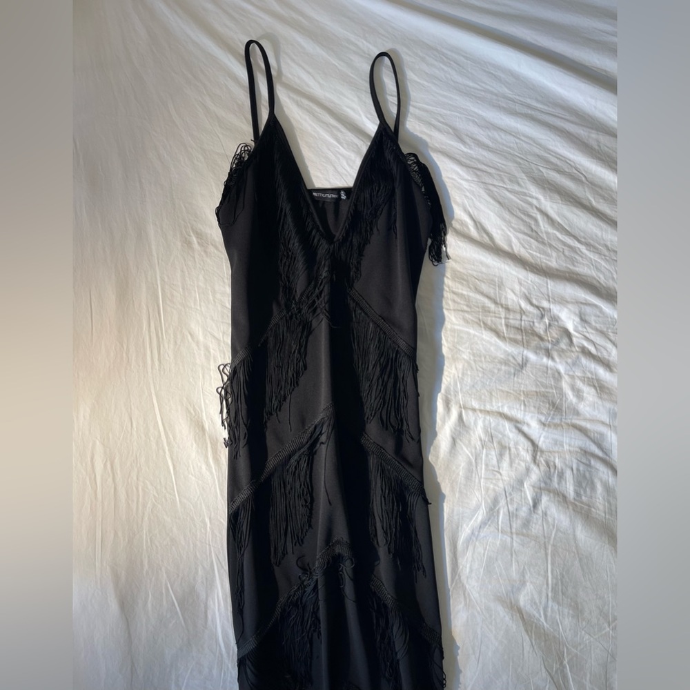 PLT black strappy fringe midi dress